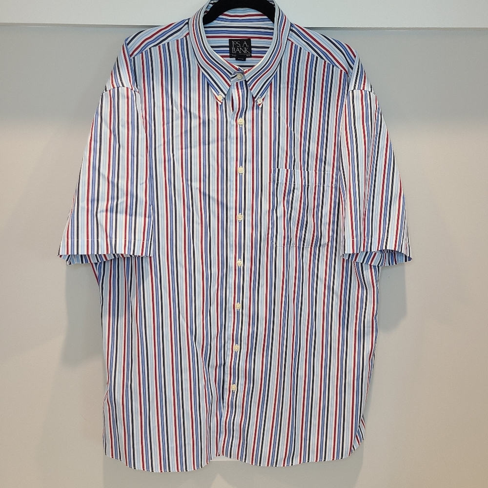 🍉 Jos A Bank Red White Blue Striped Cotton Shirt